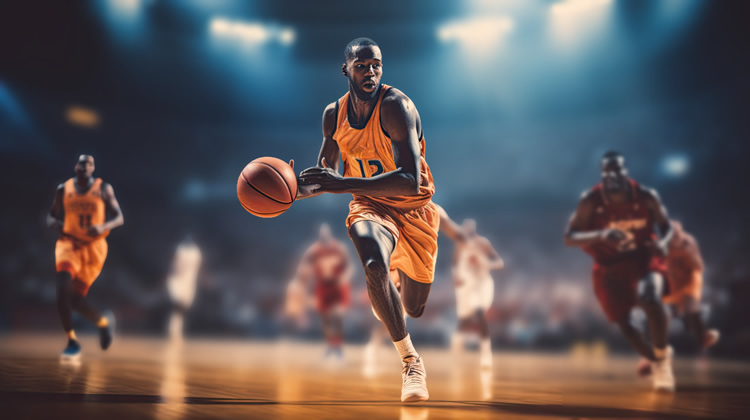 Basketball player dribbling on the court during game.