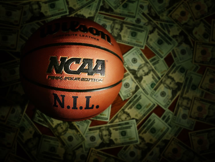 NCAA basketball on money, NIL concept.