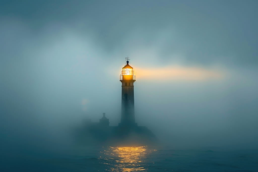 Lighthouse shining through fog at dusk