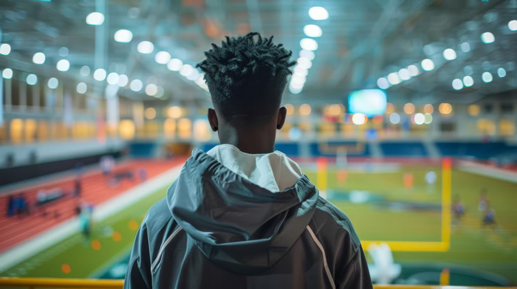 Person overlooking indoor sports stadium during event.