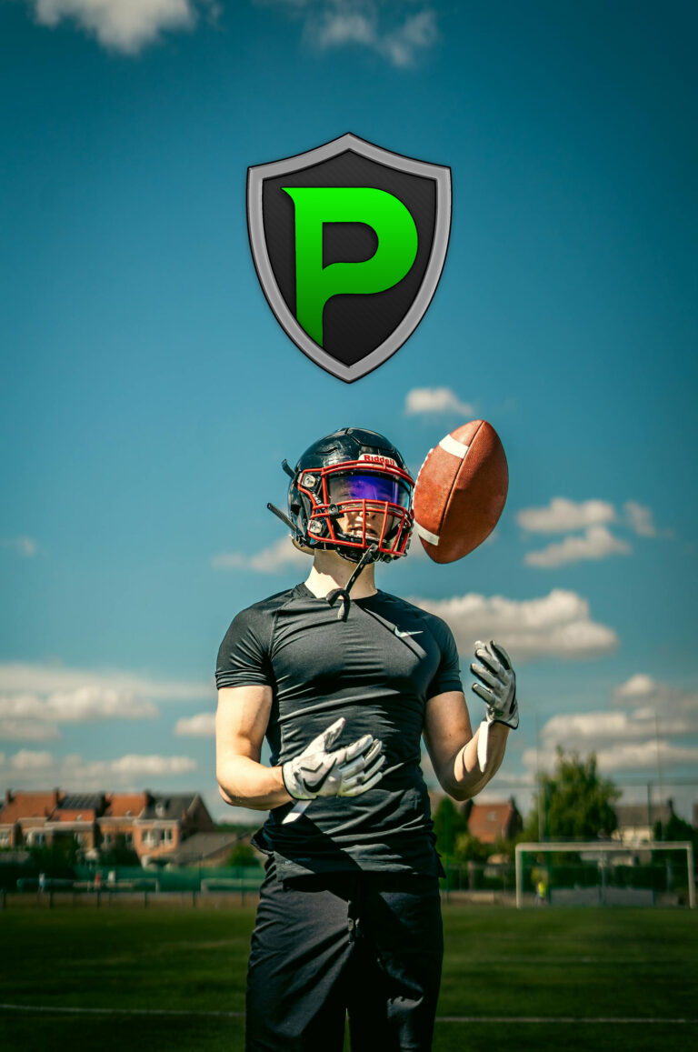 Football player juggling ball, green logo overhead.