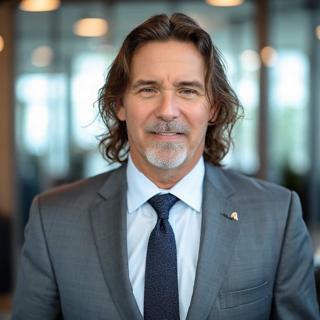 Smiling man in business suit with long hair.
