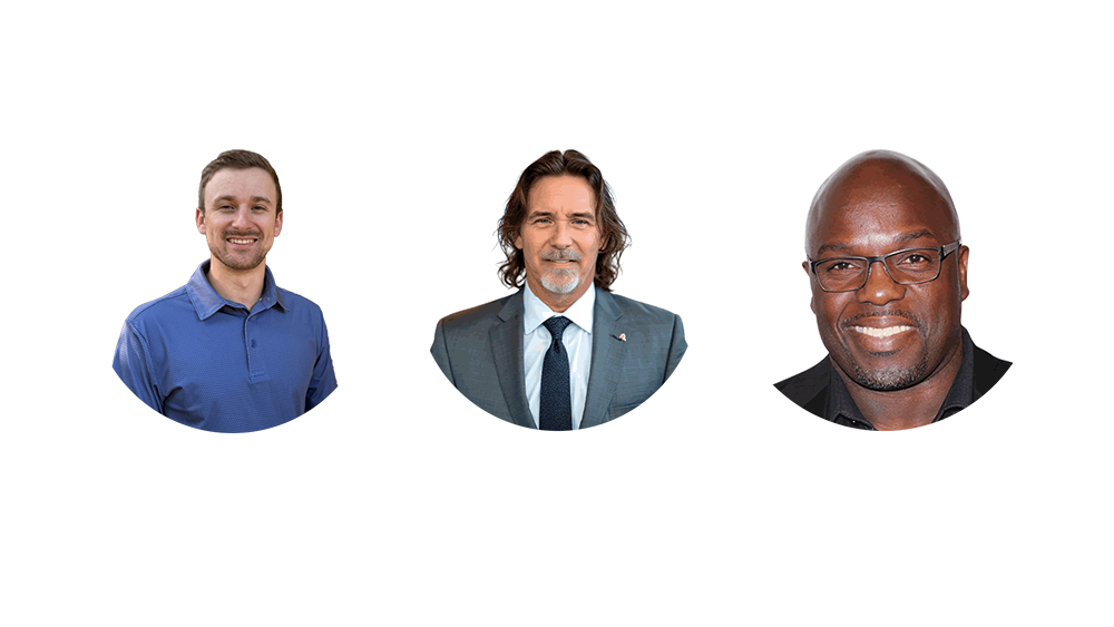 Three men smiling, wearing smart attire.