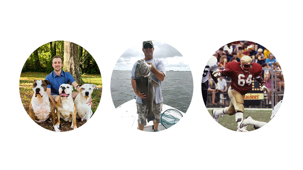 Man with dogs, fish, and football player.